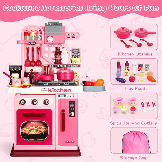 Kids Kitchen Playset, 27.1 Inches Play Kitchen with Sound and Light, Kitchen Set for Toddlers 1-3 3-5, Cooking Stove, Play Sink and Kitchen Accessories, Toddler Kitchen Playset(Pink)