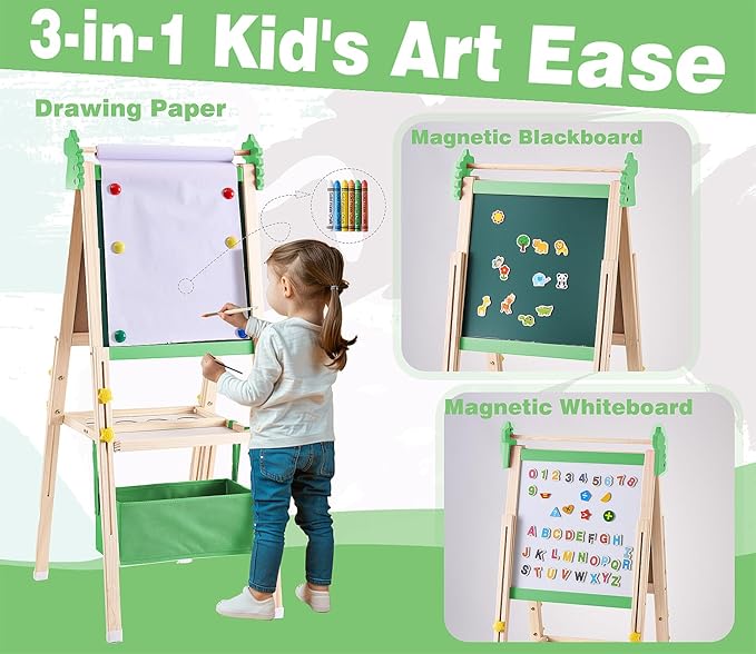 2-in-1 Double Sided Kid's Easel, Height-Adjustable Art Easel for Boys and Girls Ages 3-10, Including 100+ Accessories with Magnetic Chalkboard & Painting Board, Toddler Gifts (Light Green)
