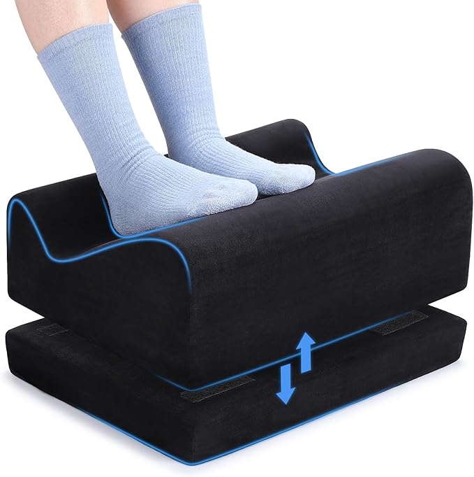 Foot Rest for Under Desk at Work, Foot Mat with Cover for Office Home Chair Sofa, Comfortable Footrest with Adjustable Height, High-Density Foam Leg Elevation Pillow to Relieve Back/Knee Stress, Black