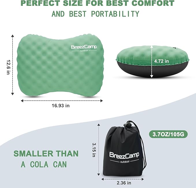 BreezCamp Camping Pillow with Soft Cover, Lightweight Inflatable Pillow for Neck Lumbar Support,Upgrade Backpacking Pillow,Washable Travel Air Pillows for Hiking, Backpacking, Airplane, Beach, Green