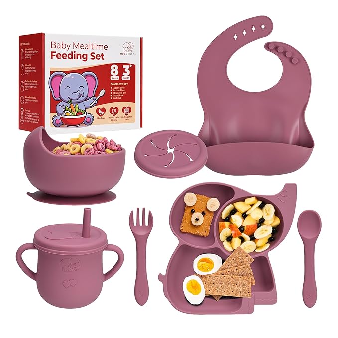 Complete Silicone Baby Feeding Set - 6+ Months Food Grade Baby Feeding Essentials | Silicone Bibs, Baby Bowls and Plates, 3 in 1 Baby Sippy Cup, Spoons and Fork Set | Free of BPA/PVC/Lead/Phthalate
