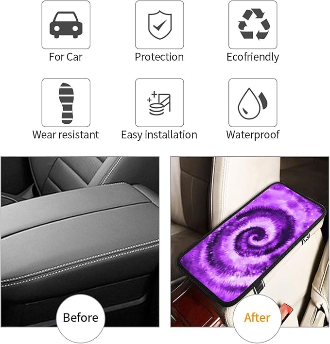 DORKEIXIA Purple Tie Dye Auto Center Console Armrest Pad Universal Car Center Console Cover Seat Box Cover for Sedan, Van, SUV, Truck Car Accessorie