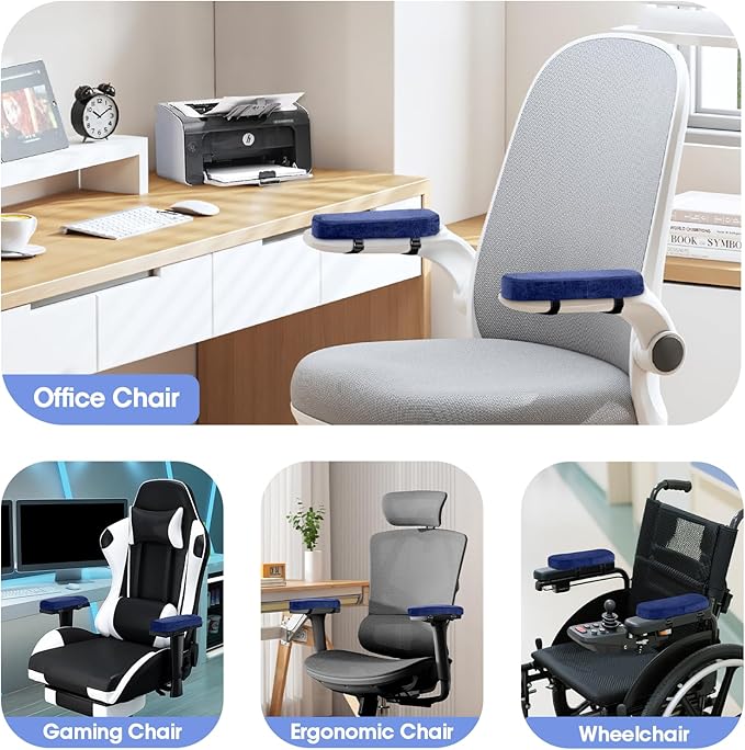 ZNCMRR 2 Pack Office Chair Armrest Pads Covers with Memory Foam Elbow Pillow for Forearm Pressure Relief, Black Arm Rest Covers for Office Chairs, Wheelchair, Comfy Gaming Chair(Blue)