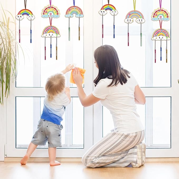 Fennoral 10 Rainbow Wind Chime Craft Kits for Kids Make Your Own Wind Chime Ornament DIY Coloring Wooden Art and Craft for Classroom Art Projects Spring Christmas Birthday Decorations
