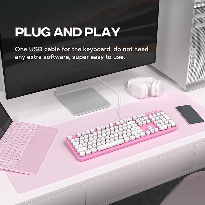 Computer Keyboard Wired, Plug and Play USB Retro Round Typewriter Keyboard, Full Size Wired Keyboard with Foldable Stands for Laptop and Office PC- Pink&White Colorful