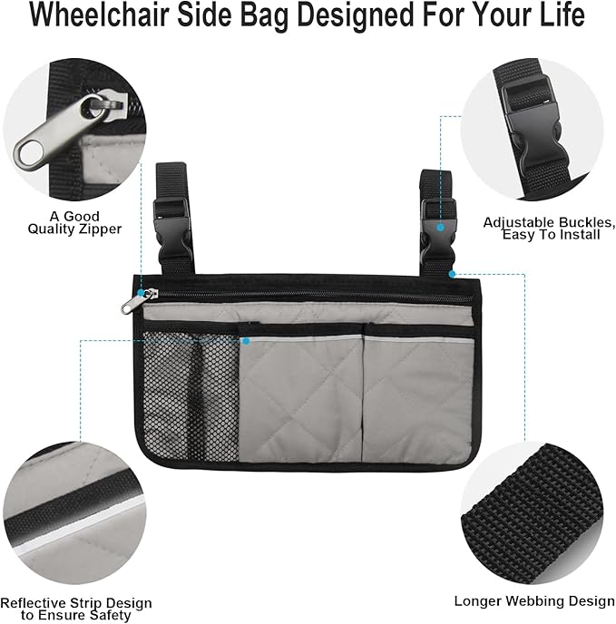 Wheelchair Side Bag, Armrest Storage Pouch with Cup Holder and Reflective Strip for Wheelchairs, Walkers or Rollators (Gray)