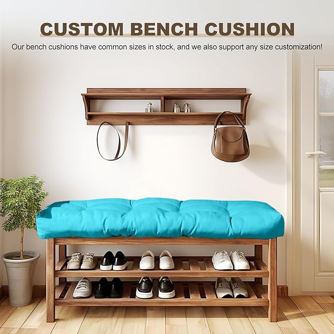 Bench Cushion 27 inches,Indoor/Outdoor Non-Slip Tufted Cushions, Premium Waterproof Linen, Soft Piano Sofa Cushions, Entryway Storage, Bay Window, High-Density Memory Foam(Light Blue-27x12x4in)