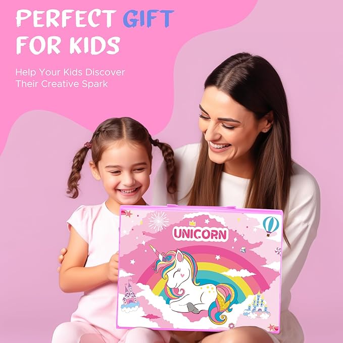 homicozy Art Supplies for Kids,Drawing Kits Unicorn Art Case Coloring Set with Double Sided Trifold Easel,Crayon,Colored Pencil,Marker,Coloring Book,Stencil,Sticker,Drawing Stuffs Gifts for Girls 4-12