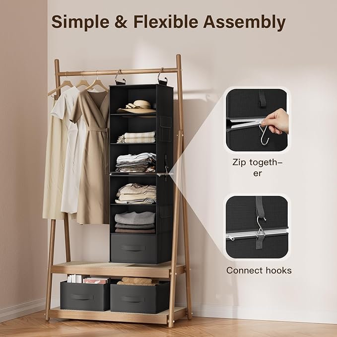 Pipishell 6-Shelf Hanging Closet Organizer with 2 Separable 3-Tier Shelves, 3 Drawers & Side Pockets Closet Organizers and Storage for Wardrobe Organization and Nursery Clothes Organizer, Black