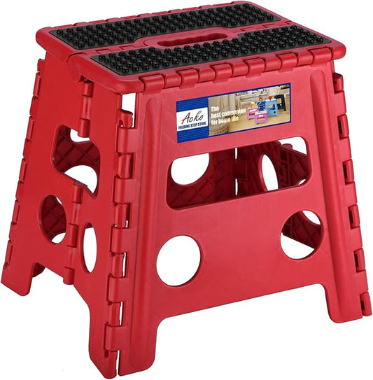 ACKO Folding Step Stool - 13" Height Premium Heavy Duty Foldable Stool for Kids and Adults, Kitchen Garden Bathroom Stepping Stool (1 Pack) Dot Red