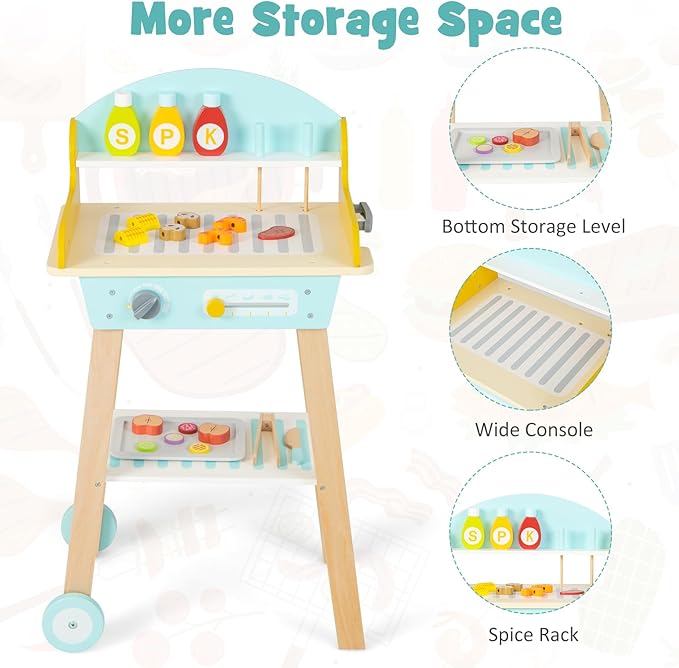 INFANS Kids Grill Playset, Wooden Pretend BBQ Toy Set with 21 Food Accessories, Role Play Kitchen Cooking Set Gift for Toddlers Boys Girls Age 3+