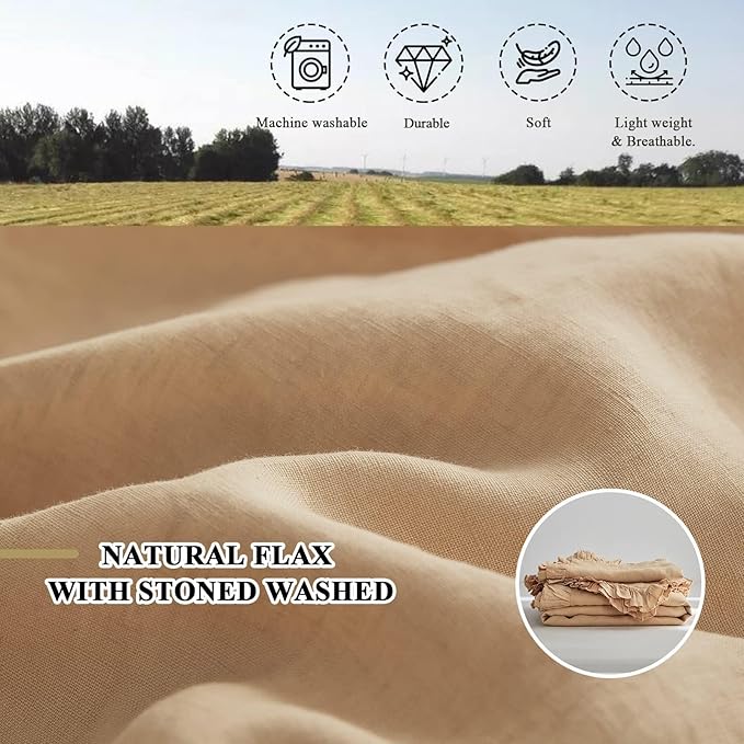 Simple&Opulence 100% Linen Duvet Cover Set, 3 PCS Natural French Flax Sand Ruffle Duvet Cover Full Size, Breathable Comfy Linen Bedding Comforter Cover with 2 Pillowcases (Sand, 78" X 86")