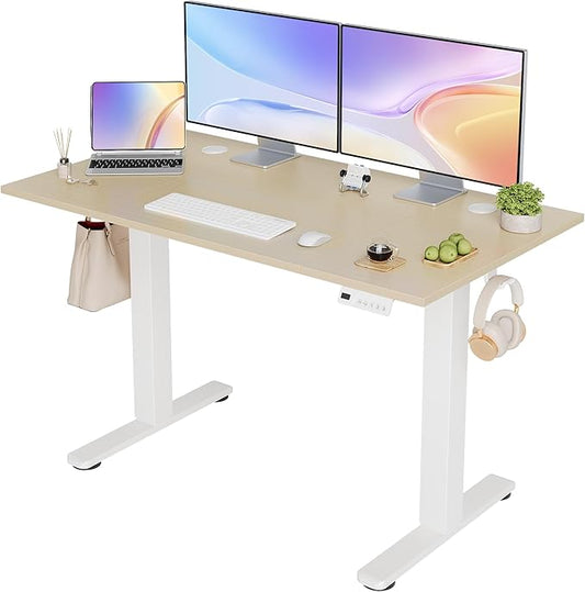 Seang Electric Height Adjustable Standing Desk, 48 x 24 Inch Sit-Stand Workstation with T-Style Frame, 3 Memory Height Options & Built-in Cable Management for Home Office, White Frame/Nature Top