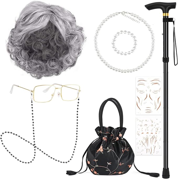 9 PCS 100 Days of School Old Lady Wig Set Include Wig Glasses Necklace Bracelet Glasses Chain Bag Cane and Stickers