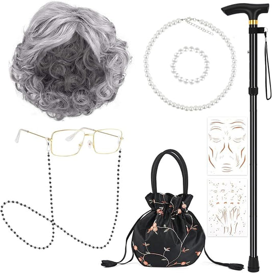 9 PCS 100 Days of School Old Lady Wig Set Include Wig Glasses Necklace Bracelet Glasses Chain Bag Cane and Stickers