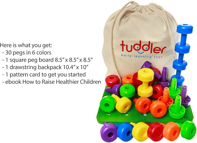 Toddler Peg Board Sensory Toys/Montessori Toys for Toddlers/Fine Motor Skills Toys/Educational Toys / 30 Pieces Stackable Pegs + Pattern Card + Drawstring Backpack + E-Book