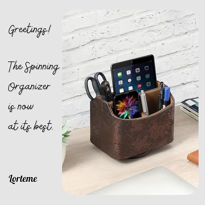 Remote Control Holder, Spinning Desk Organizer, Nightstand Bedside Caddy for TV Remotes/Tablets/Phones/Eyeglasses/Books/Pens - Antique