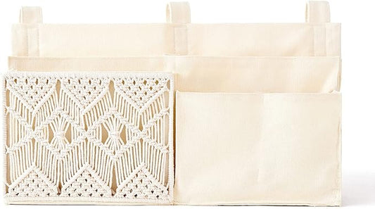 Mkono Bedside Caddy Hanging Organizer, Bunk Woven 7 Pockets Bed Storage Bag Boho Remote Magazine Books Holder with Macrame for Loft Bed College Dorm Bedroom Baby Bed Rails, Ivory
