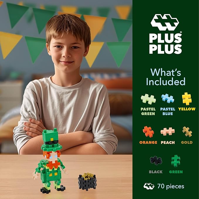 PLUS PLUS 3D Puzzle Building Block Set, 70 Mini Interlocking Pieces, Fun Holiday Activities for Kids - Leprechaun Mini Maker Tube
