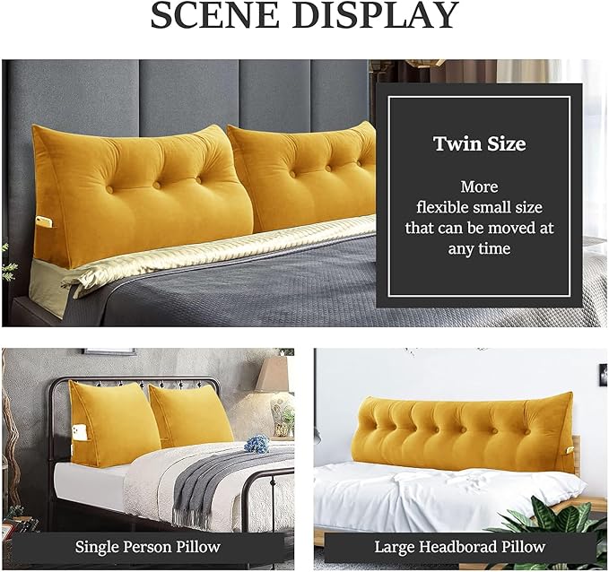 Headboard Wedge Pillow Large Bolster Reading Pillows for Sitting in Bed Adult， Velvet Triangular Cushion Backrest Lumbar Back Support Upholstered Daybed Sit Up Book Pillows（Yellow, Full）