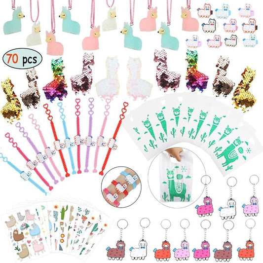 Llama Party Favors Supplies - Llama Bracelet Ring Necklace Keychains Hair Clips Puffy Sticker Gift Bag Alpaca Toys Gift for Kids Birthday School Prizes Rewards(60 pcs)