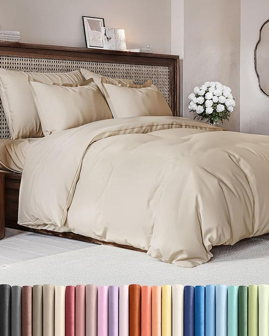 Duvet Cover Queen Size Set - Extra Soft Queen Size Duvet Cover 90 x 90 with 2 Pillow Shams - Hotel Luxury, Easy Care and Fade Free with Zipper Closures & Ties - Comfy, Breathable Bedding Set (Wheat)