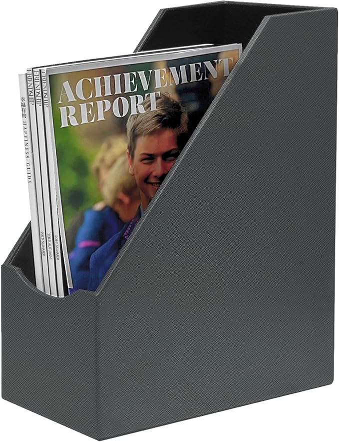 UnionBasic Magazine File Holder, Leatherette Desktop Document Organizer, Home Office Paper Holder File Storage Literature Sorter, Dark Grey