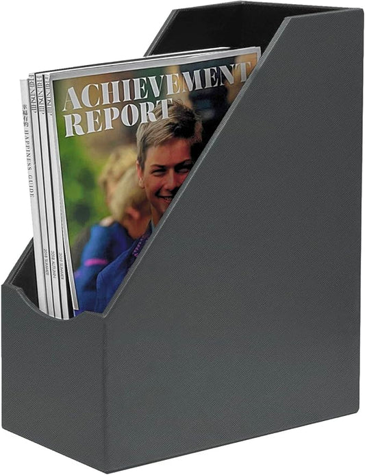 UnionBasic Magazine File Holder, Leatherette Desktop Document Organizer, Home Office Paper Holder File Storage Literature Sorter, Dark Grey