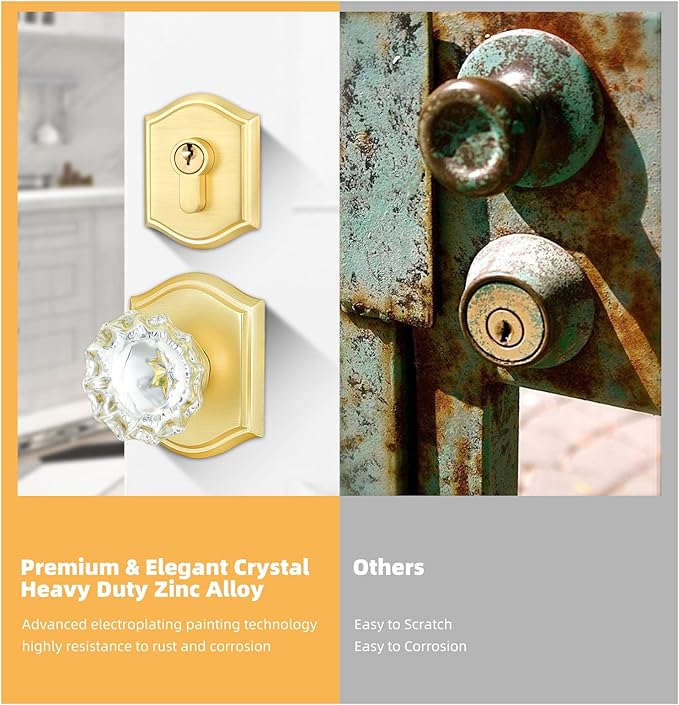 Crystal Glass Passage Door Knob and Single Cylinder Deadbolt Combo Set, Satin Brass Finish