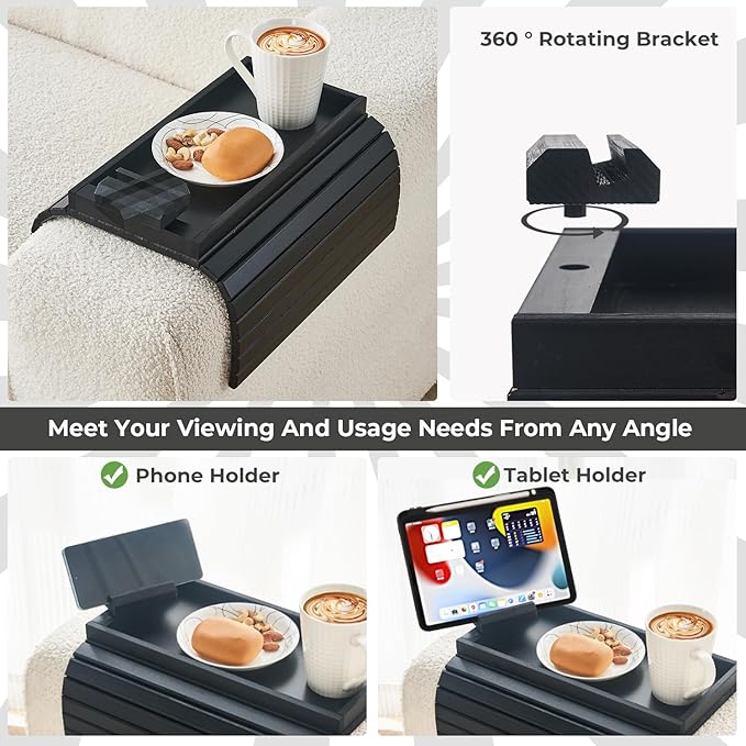 Bamboo Sofa Arm Tray Armrest Table with 360° Rotating Phone Holder, Anti Falling Couch Arm Tray, Foldable and Portable Sofa Armrest Cup Holder for Drink,Cups, Phone, Snacks, Remote