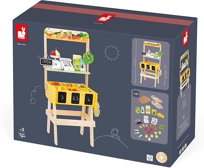 Janod - Children's Merchant Farm Market - Imitation Game for Children - 32 Accessories - Develops Imagination - FSC Wooden Toy - Water Painting - Suitable for Ages 3 and Above - J03322