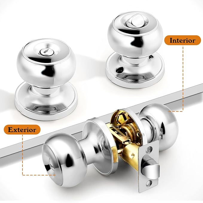 Probrico Polished Chrome Door Knobs, Interior Door Knobs with Round Ball Knob, Nickel Privacy Door Knob for Bedroom Bathroom, 15 Pack