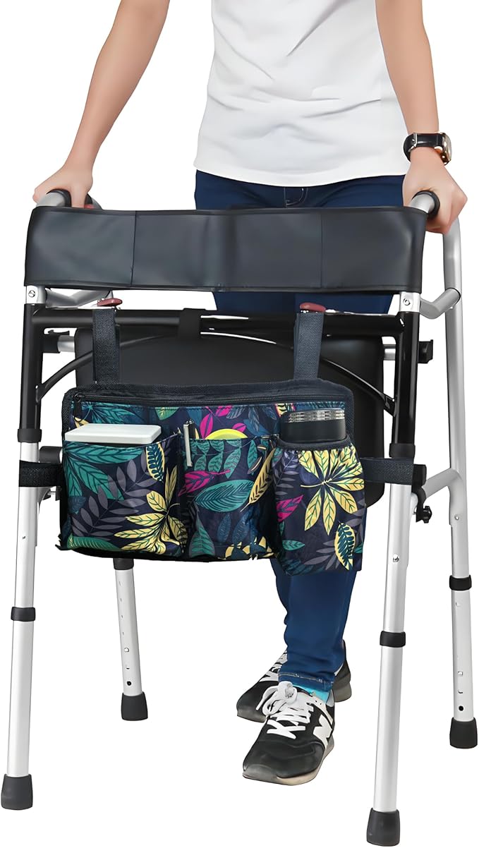 Wheelchair Side Bag with Cup Holder, Wheelchair Armrest Pouch Accessories for Walker, Rollator, Electric Scooter Wheelchairs (Maple Leaves, 13.8X8 Inch)