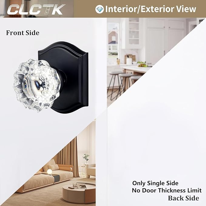 CLCTK 4 Pack Glass Dummy Door Knobs, Inactive Crystal Half-Dummy Door Knobs for Closet/Bifold, Matte Black