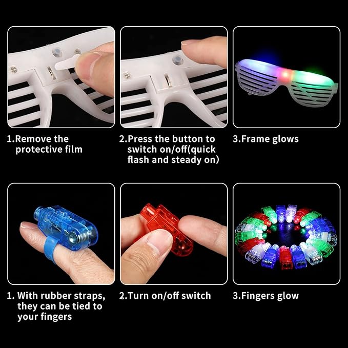 64 Pack Glow in the Dark Party Supplies, Light Up Toys Birthday Christmas Party Favors, 40 Finger Flashing, 8 Jelly Ring, 4 Flashing Glasses, 8 LED Bracelet, 4 Fiber Optic Hair Light