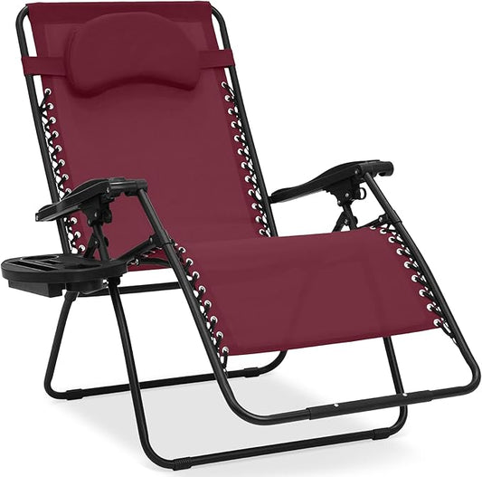 Best Choice Products Oversized Zero Gravity Chair, Folding Outdoor Patio Lounge Recliner w/Cup Holder Accessory Tray, Pillow - Burgundy