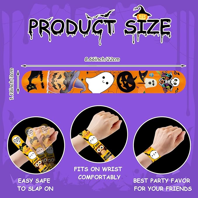 48 Pieces Halloween Slap Bracelets Bulk Party Favors for Kids - 12 Designs Snap Bracelets for Halloween Decorations, Halloween Goodie Treat Bag Stuffers Classroom Prizes Exchanging Gifts Supplies