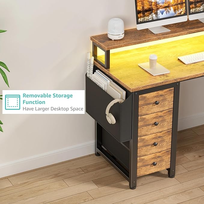 Lufeiya L Shaped Gaming Desk with Led Lights and Power Outlets, 47 Inch Corner Home Office Desk with Monitor Stand Shelves, Writing Study Computer Desks with Fabric Drawers for Bedroom, Rustic Brown