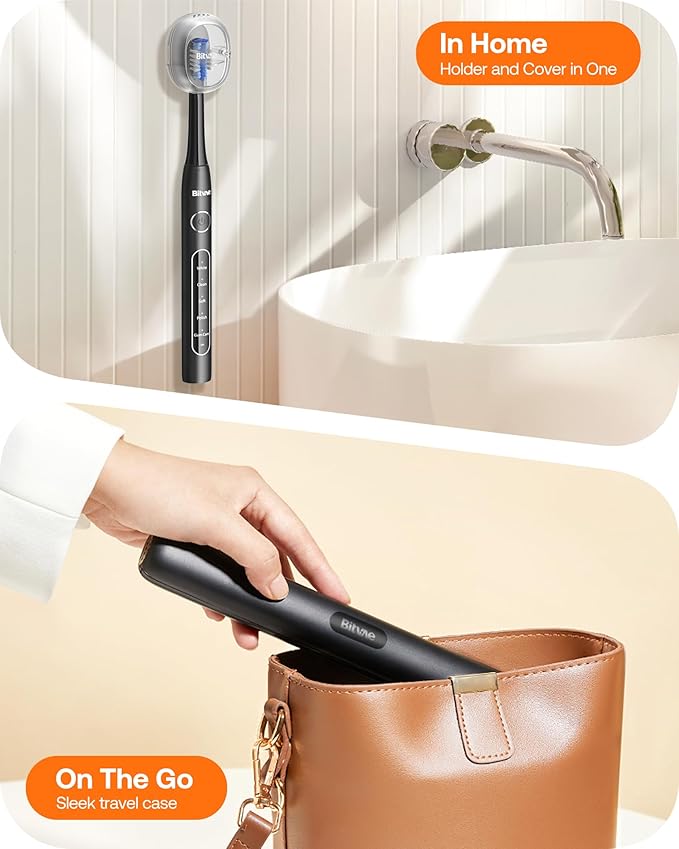 Bitvae Ultrasonic Electric Toothbrush for Adults and Kids, ADA Accepted Travel Electric Toothbrush with Rechargeable 60-Day Battery Life, 8 Toothbrush Heads, 5 Modes, Toothbrush Holder, Black