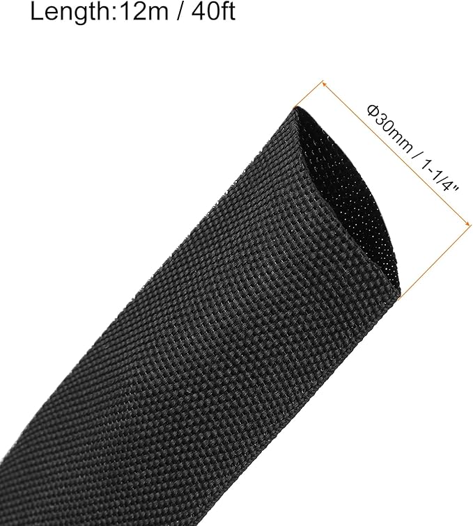 MECCANIXITY Braided Cable Sleeves Heat Shrinkable Fabric Sleeving, 1 1/4" 40ft Black 2:1 Ratio Heat Shrinkable Cord Protector for Harness Cable, Network Cable Protection, Cable Management