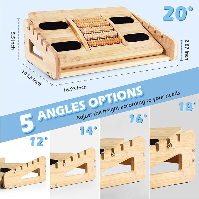 Ergonomic Bamboo Foot Rest for Under Desk, Dual Side Footrest with Reflexology Massager Roller, 5 Heights Adjustable Foot Stool, Ergonomic Leg Support to Relieve Lumbar, Back, and Knee Pain