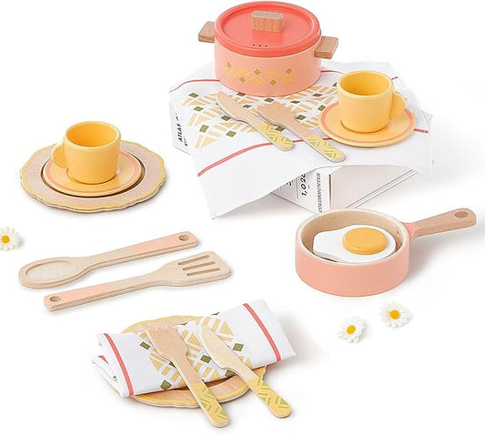 Giant bean Play Dishes for Kids Kitchen, Wooden Kitchen Toys Set Including Play Dishes, Pot and Pan, Utensils, Montessori Play Accessories for 3 4 5 Years Old Girls and Boys Gifts