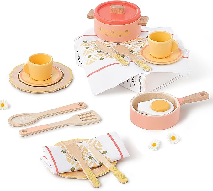 Giant bean Play Dishes for Kids Kitchen, Wooden Kitchen Toys Set Including Play Dishes, Pot and Pan, Utensils, Montessori Play Accessories for 3 4 5 Years Old Girls and Boys Gifts