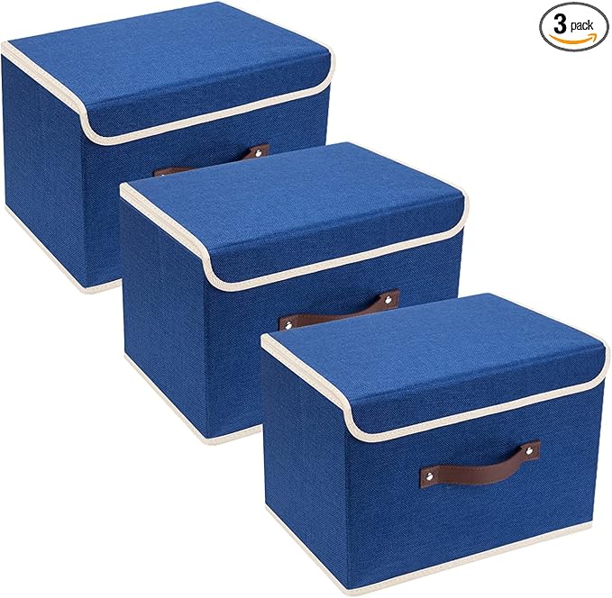 TYEERS Collapsible Storage Boxes, Washable Fabric Storage Bins with Lids, 14.9x9.8x9.8 inches, 3 Pack, Classic Blue