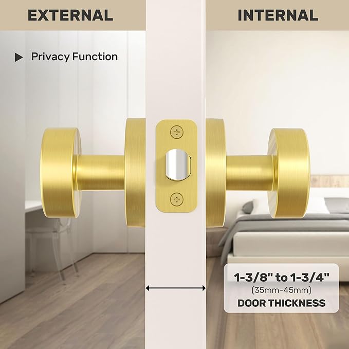 Passage Door Knobs Interior, Brushed Gold Door Knob for Closet, Brushed Brass Door Knob for Hallway, Heavy Duty Modern Round Door Handle