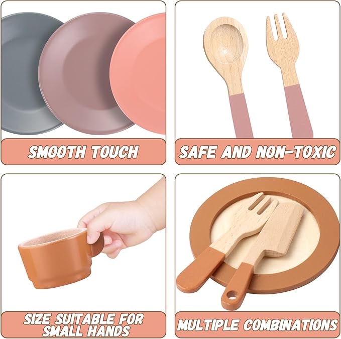 GAGAKU Wooden Dishes Kids Wooden Dishes for Play Kitchen Kids Play Dish Set Wood Plates Set for Toddler Montessori Wooden Kitchen Toys Accessories