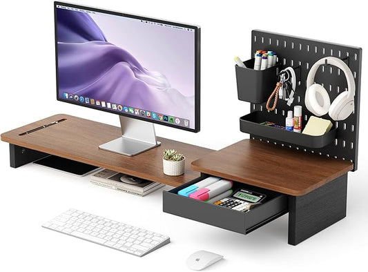 AFOOYO Monitor Stand Riser,Computer Monitor Stand with DIY Pegboard and drawer for Laptop,PC,Computer,Printer,Walnut Finish