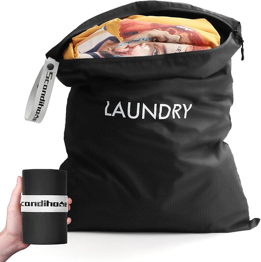 XL Travel Laundry Bag, Washable Dirty Clothes Travel Bag Waterproof Wet Dry Bags Reusable Camp Clothes Organizer for Sports Home College Dorm Laundromat (1 Pcs) Black