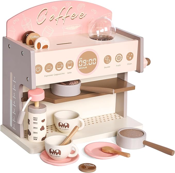 Coffee Maker Wooden Kitchen Toys for Kids, Toddler Coffee Playset, Pretend Coffee Maker for Girls & Boys