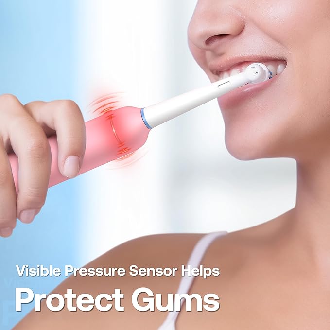 Bitvae R2 Rotating Electric Toothbrush for Adults with 8 Brush Heads, 5 Modes Rechargeable Power Toothbrush with Pressure Sensor, Pink